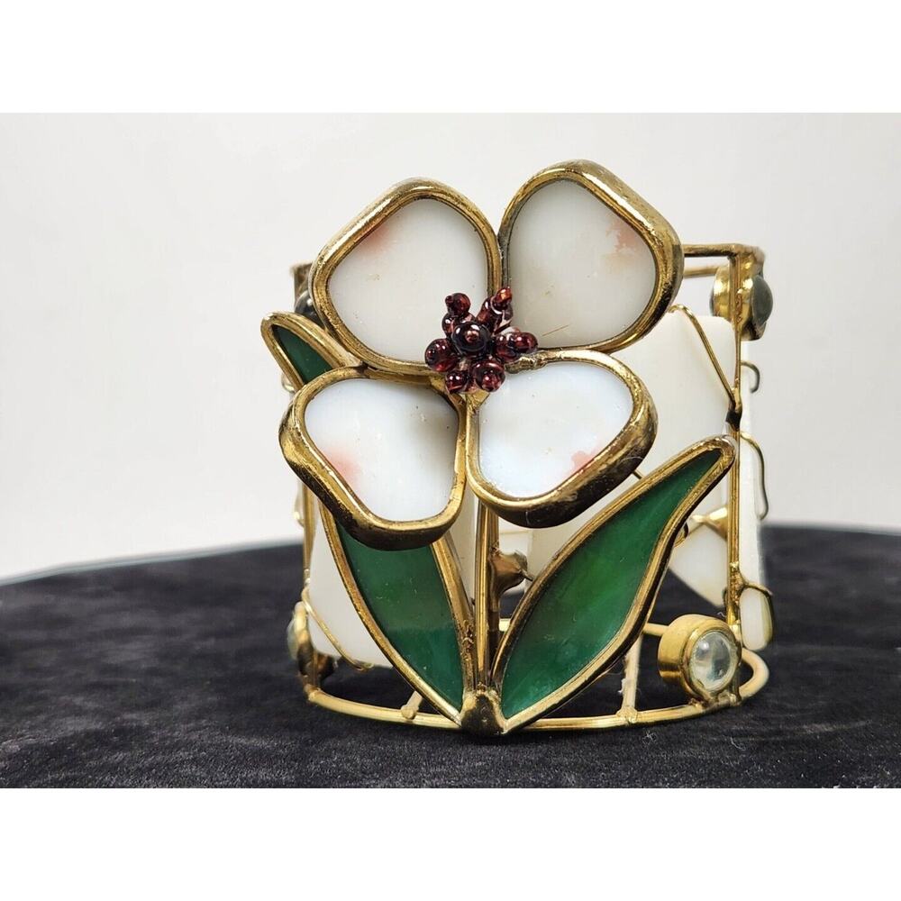Vtg Gold Tone Stained Glass Flower Votice Candle Holder